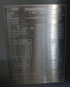 RTE 1000/1120-1150/1288 kVA 13200 Delta - 600Y/346 V 3PH Transformer 1000kVA 600 (DW5639-1)