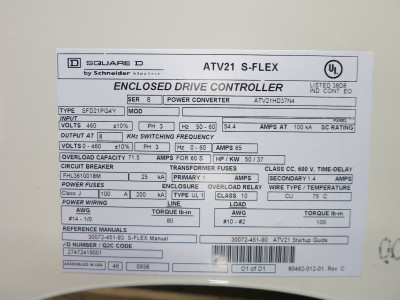 Square D ATV21 S-Flex Drive Controller 50 HP Enclosed VFD SFD21PG4Y 50HP 460V (DW5644-1)