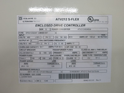 Square D ATV212 S-Flex VS Drive Controller 60 HP Enclosed VFD SFD212QG4Y 460V (DW5643-2)