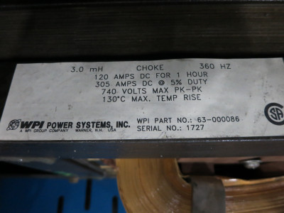 WPI 63-000086 DC Choke 3.0 mH 360 Hz 120/305A 740V Output Filter (DW5701-2)