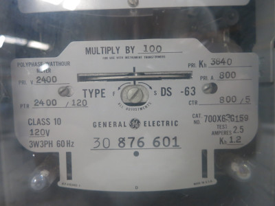 GE 700X63G159 Polyphase Watthour Meter Relay 3PH DS-63 2400/120V 800/5A 3840 Kh (DW5753-3)