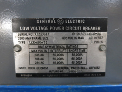 GE AKR-5C-75 3200A EO Circuit Breaker LSG SST Trip Unit 568B604G31 3200 Amp (DW5833-1)