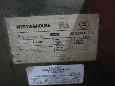 Cutler Hammer SJA50VW430 360A 7200V Vacuum Contactor Ampgard 2197A01G03 7.2kV (DW5936-3)