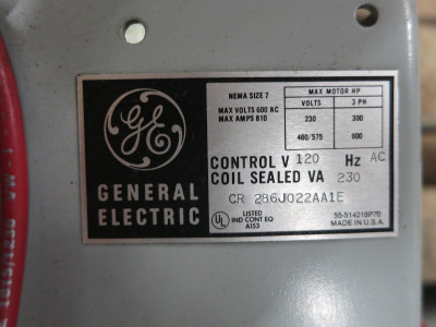 GE CR286J022AA1E Size 7 Motor Starter 600 HP 810A CR-286J022AA1E 120V Coil (DW6121-1)