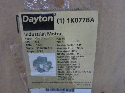 NEW Dayton 1K077BA 1/3 HP AC Motor 115/208-230V 1725 RPM 56C TEFC 1PH (DW6450-1)