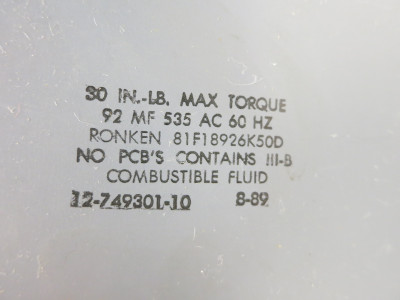 Ronken 81F18926K50D Capacitor 12-749301-10 92 mf 535 AC (DW6468-80)
