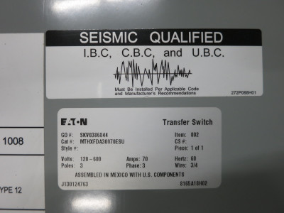 Eaton MTHXFDA30070ESU 70A Breaker Double Throw Manual Transfer Switch 70 Amp (DW6498-1)