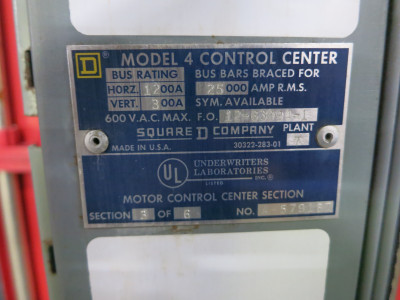 Square D Model 4 1200/300A MCC Motor Control Center 3x Section Main Breaker (DW6554-1)