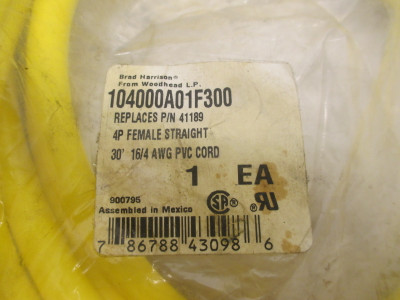 NEW Molex Woodhead 104000A01F300 QD Cable 4P Female 30' 16/4 600V AWG PVC Cord (AH0028-1)