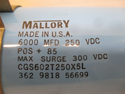 Mallory CGS602T250X5L Capacitor 6000 uF 250 VDC POS + 85 W/ Mounting Bracket (AH0121-40)