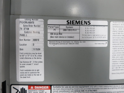 Siemens P1C42ML400ATS 400A 208/120 Main Lug Breaker Panel Board 3PH 4W MLO 400 (DW6635-1)