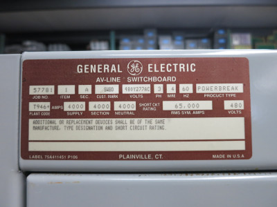 GE AV-Line 4000A 480V Main Switch Board Breaker Panel 3PH 4W TC4040SS TP2020SS (DW6653-1)