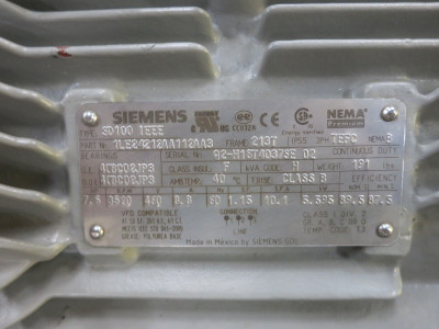 Siemens 7.5 HP AC Motor 460V 3250 RPM SD100 IEE 213T 8.8A 1LE24212AA112AA3 TEFC (DW6721-1)