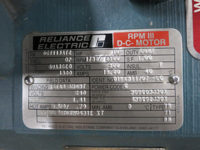 Reliance 10 HP DC Motor 500V 1750/2300 RPM III SC2113ATZ DP 18A Type TR 10HP (DW6774-1)