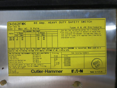 Eaton DH362FWK 60A 600V Fusible Safety Switch Disconnect 60 Amp 4,4X Stainless (DW6792-1)