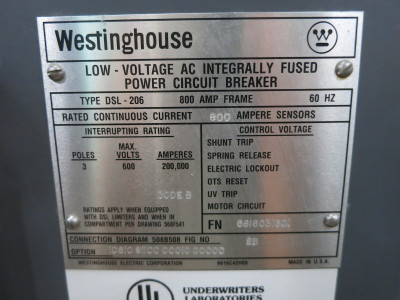 Westinghouse DSL-206 800 Amp Fused Air Breaker Amptector I LSG Trip 800A DSL206 (DW6798-1)
