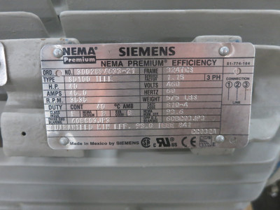 Siemens 40 HP AC Motor 460V 3535 RPM SD100 IEE Alfa Laval LKH-60 Blower Pump (DW6821-1)