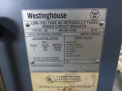 Westinghouse DSL206 800A Fused Air Breaker MicroVersa ADS06C3F0804 Trip 800 Amp (DW6926-1)