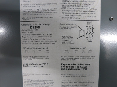 Square D D325N 400A 240V Fusible Safety Switch Disconnect 400 Amp D325-N E03 (DW6887-1)