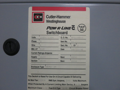 Cutler Hammer 1600A Manual Transfer Switch Board Pringle QA-1633 Pow-R-Line 3R (DW7074-1)
