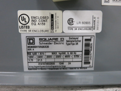 NEW Square D 8536SBH1V02AX20 Enclosed Size 0 Starter 8536SBO1 1PH 120V Coil 3R (DW7082-2)