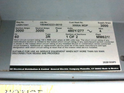GE 3000A 480V Switchgear SSF30G330 Power Break II Breaker 3PH 4W EntelliGuard 3R (DW7095-1)