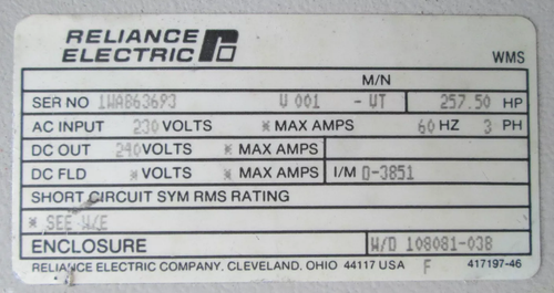 Reliance Electric 800894-RC VS Power Module 250 HP DC Drive 230VAC In 240VDC Out (PC0002-3)