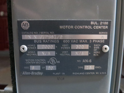 NEW Allen Bradley Centerline 2100 2000/300A 6x MCC Section Motor Control Center (DW7135-1)