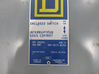 Square D A86345 T5 400A 600V Fusible Heavy Duty Safety Switch Disconnect 400 Amp (DW7222-1)