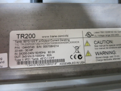 Trane TR200 134H3743 AC VS Drive 30 HP 240V 3PH Bypass VFD 240 VAC HVAC 92A (DW7280-2)