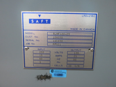 SAFT TLFR120-25 Battery Charger 208V AC - 120V DC Cells 60 L/A 208 VAC 120 VDC (DW7286-1)