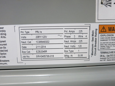 Eaton 225A 208/120V PRL1a Breaker Panel Board MLO 3PH 4W 225 Amp 208V Pow-R-Line (DW7415-2)