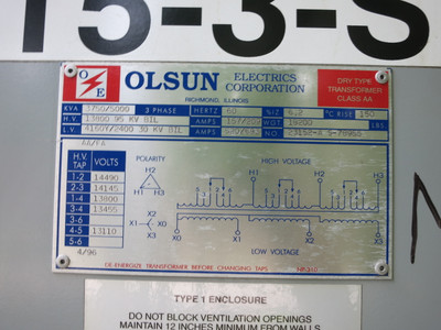 Olsun 3750/5000 kVA 13800 Delta to 4160Y/2400 V 3PH Dry Type Transformer 4160 V (DW7438-1)