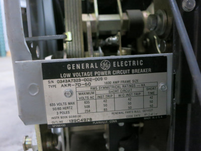 GE AKR-7D-50 1600A Air Breaker TS20LSIGT2X RMS-9 Trip 600A RP LSIG 1600/600 MO (DW7468-1)