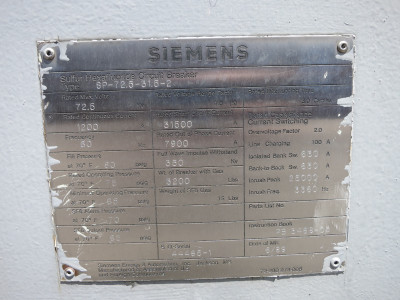 Siemens 1200A 72.5 kV SF6 Circuit Breaker SP-72.5-31.5-2 1200 Amp Gas BYM CT (DW7500-1)