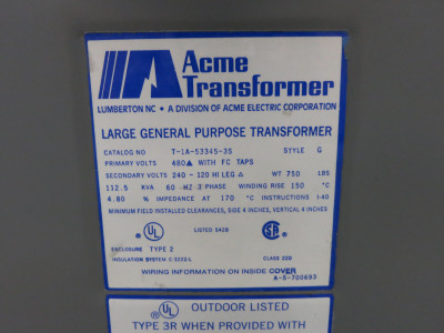 ACME 112.5 kVA 480 Delta to 240 Delta V 3PH Transformer T-1A-53345-3S 480V 240V (DW7512-1)