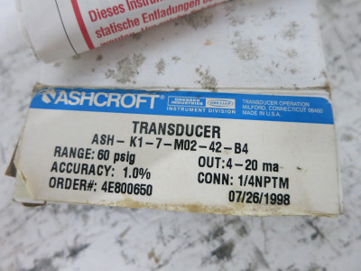 NEW Ashcroft K17M0242B460# Transducer 60 PSIG 4-20 ma 1.0% 1/4 NPTM Dresser (DW7651-2)