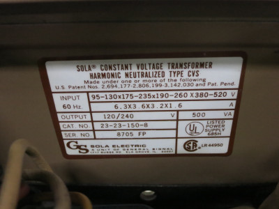 SOLA CVS 23-23-150-8 500 VA Constant Voltage Transformer 120/240V MCR Power 1PH (DW7695-1)