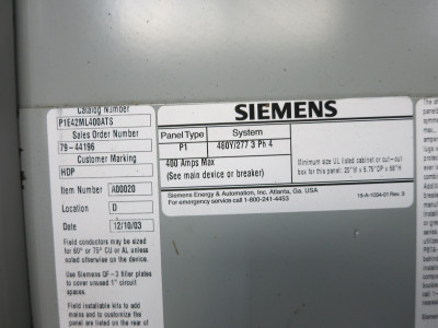 Siemens P1E42ML400ATS 400A 480Y/277 Breaker Panel Board 3P4W MLO 400 Amp P1 480V (DW7712-1)