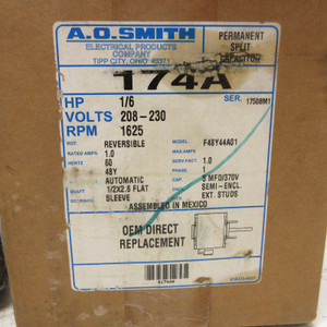 NEW A.O. Smith 174A Motor 1/6HP 208-230V 1625 RPM Reversible F48Y44A01 1 Amp NIB (AH0837-1)