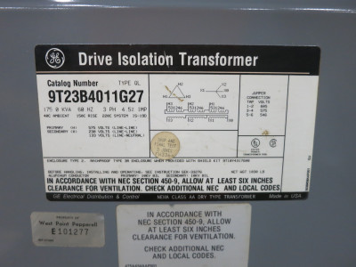 GE 175 kVA 575 Delta to 230Y/133 V 3PH Isolation Transformer 9T23B4011G27 575V (DW7731-1)