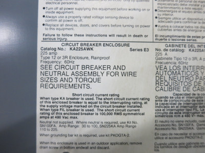 Square D KA225AWK 225A Circuit Breaker Enclosure Ser E3 KHL36225 225 Amp 12 / 3R (DW7792-2)