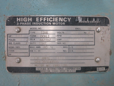 Toshiba 386 HP 460V AC Chiller Compressor Motor 3600 RPM TIKK DCKL1 447TDZ DP (DW7860-1)