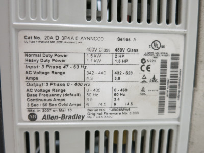 Allen Bradley 20AD3P4A0AYNNCC0 2 HP PowerFlex 70 480V AC VS Drive FW 3.003 Ser A (DW7879-1)