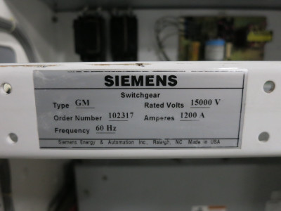 Siemens GM Switchgear 1200A 15kV Vacuum Circuit Breaker Panel 1200 Amp MV GMI (DW7883-1)