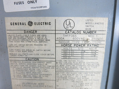 GE THFP365 400A Type QMR Fusible Panelboard Switch w/ Hardware 400 Amp QMR365 (DW7934-1)