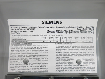 NEW Siemens HNF363JW 100A 600V Non-Fused Safety Disconnect Switch 100 Amp 3R 12 (DW7938-1)