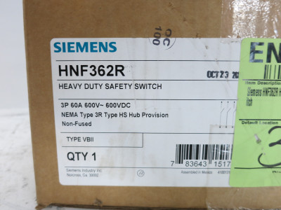 NEW Siemens HNF362R 60A 600V Non-Fusible Safety Switch Disconnect 60 Amp 3R NIB (DW7937-17)