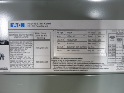 NEW Eaton PRL3X 225A Main Breaker Panel Board 208Y/120V 3PH 4W PDD2 225 Amp (DW7942-1)