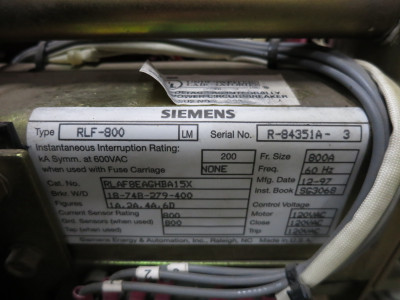Siemens RLF-800 800A Air Breaker LSIG Static Trip III RMS-TSIG-TZ-C 800 Amp EOMO (DW7976-3)